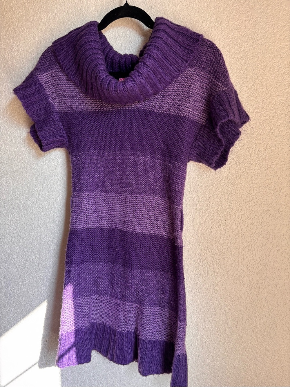 Say what Purple Striped Cowl Neck Short-Sleeve  crochet Sweater Dress